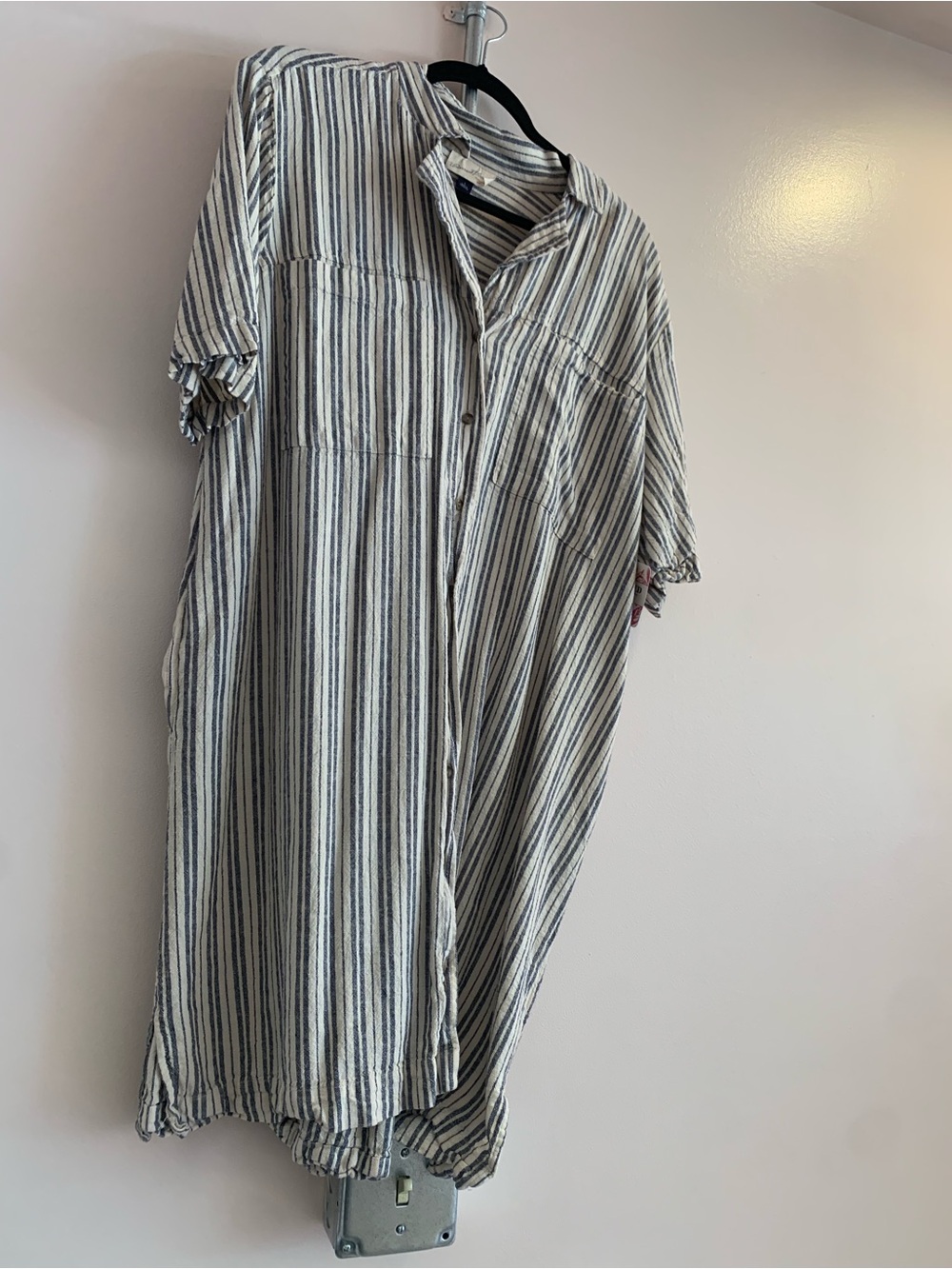 Short-Sleeve Button Shirt Dress in Blue Stripe